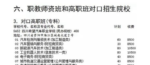 四川希望汽車職業(yè)學院對口高職收費標準