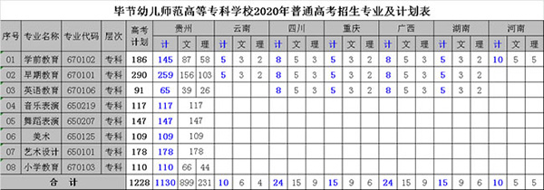 畢節(jié)幼兒師范高等?？茖W(xué)校招生計(jì)劃